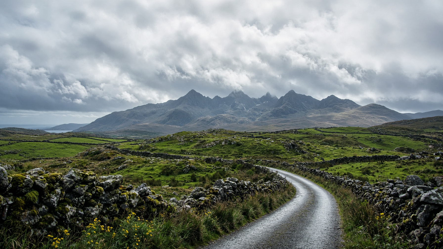 Connemara fields, dry-stone walls and mountains under a silver Atlantic sky