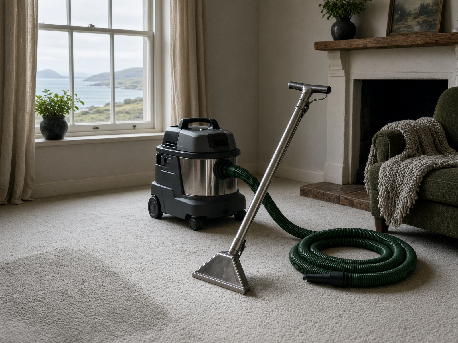Professional carpet extraction machine on a freshly cleaned wool carpet