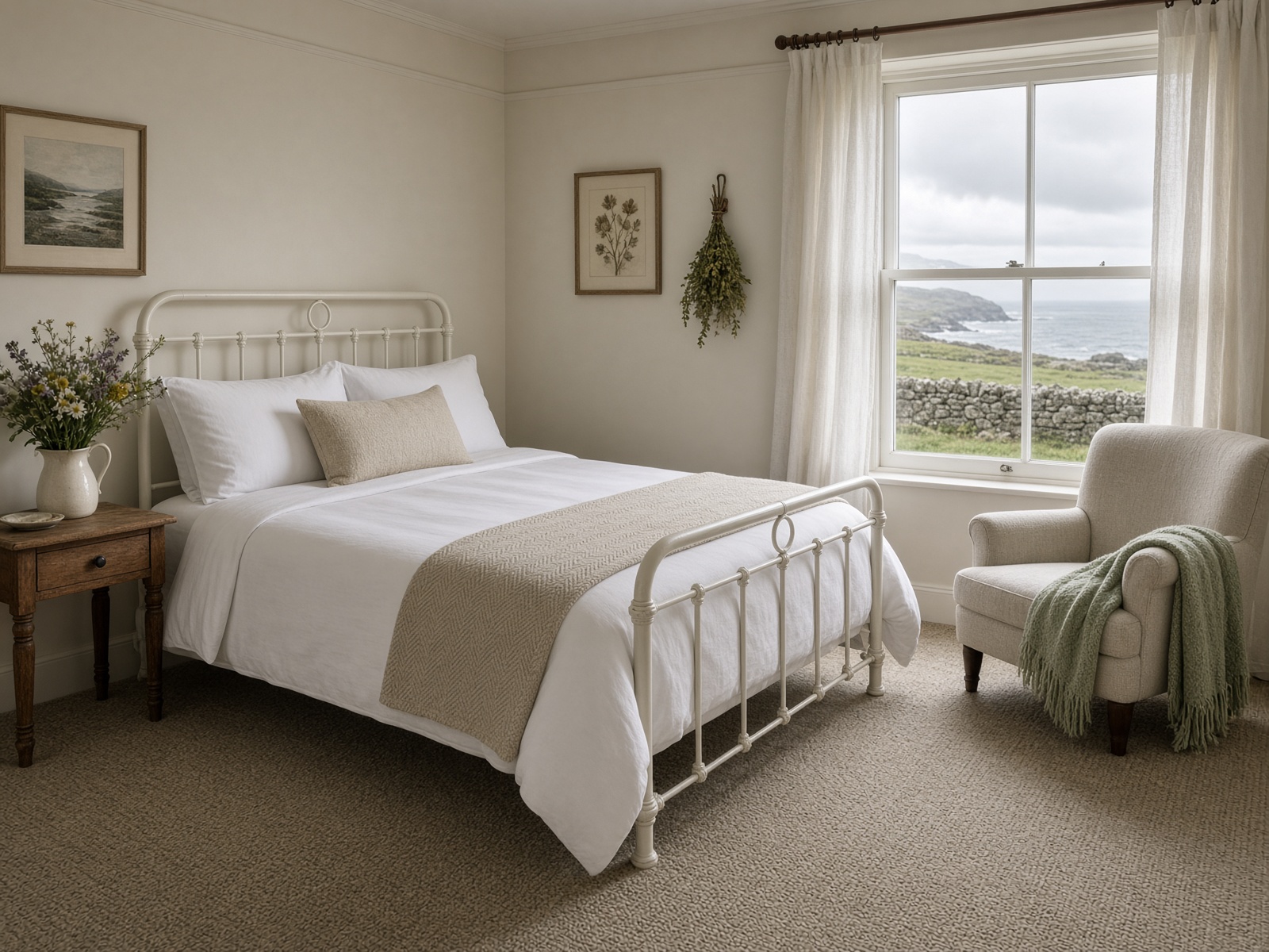 Irish B&B guest bedroom with white linen, armchair and Atlantic light