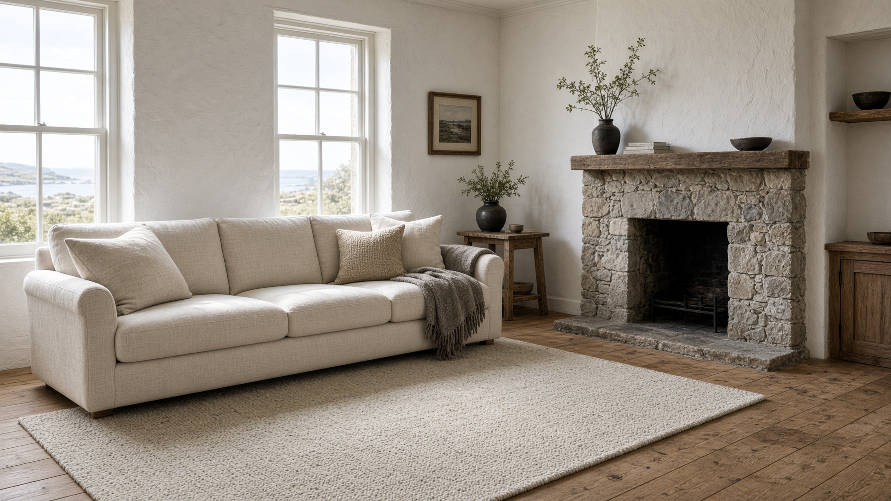 Sunlit Galway cottage living room with a freshly cleaned cream linen sofa