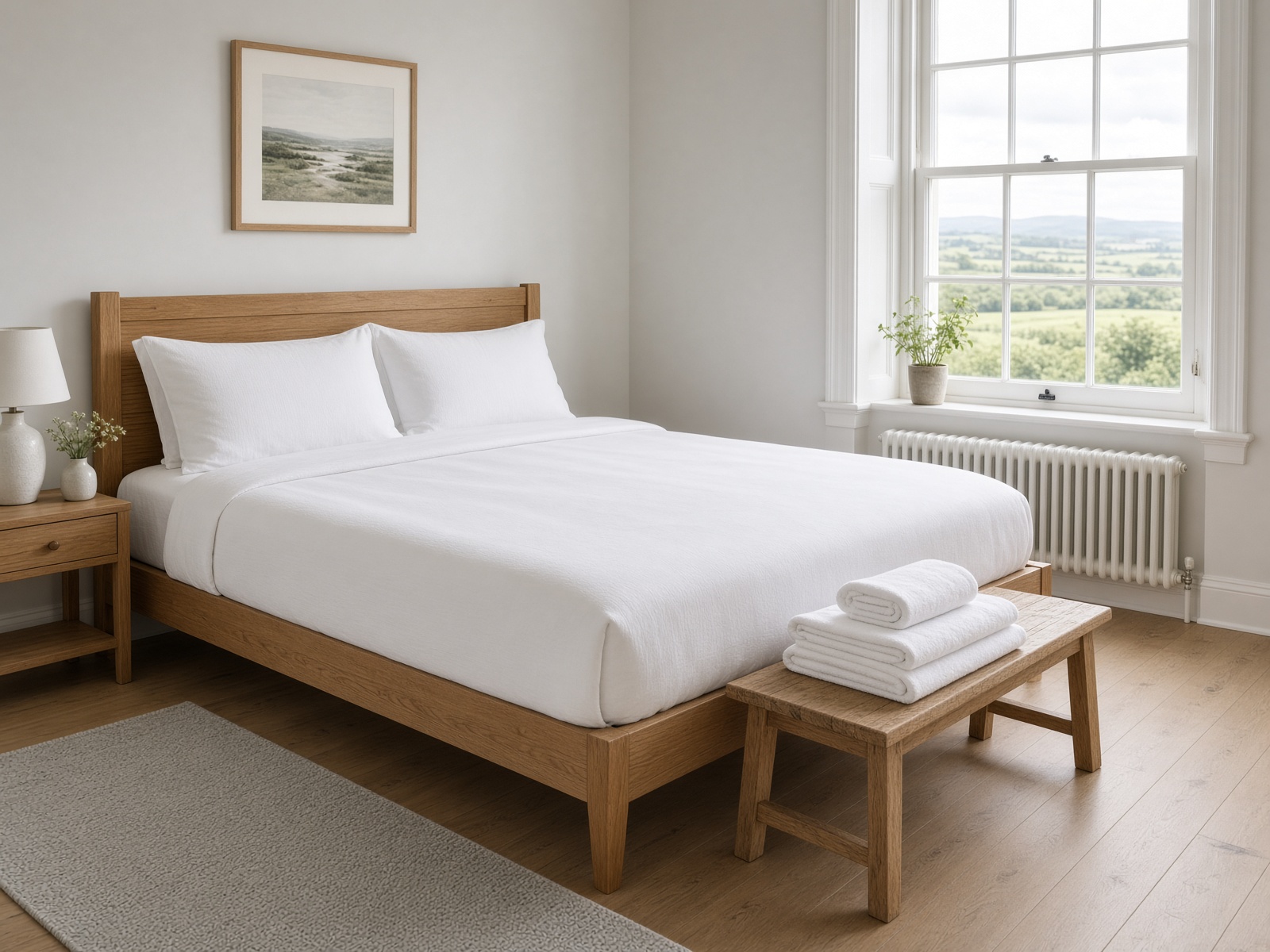 White mattress on an oak bed in a bright Irish bedroom after a deep clean