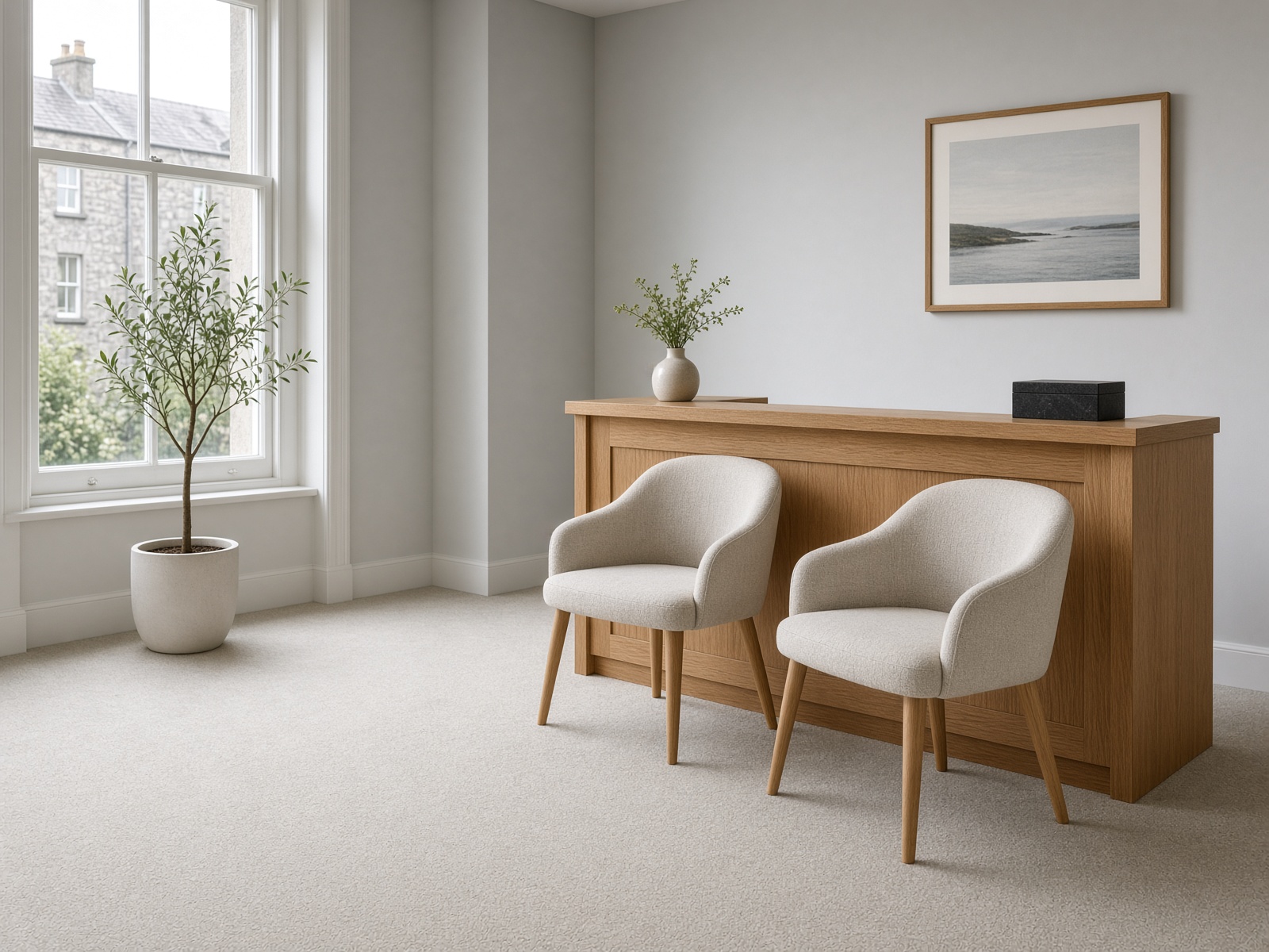 Small Galway office reception with cleaned carpet and oatmeal visitor chairs