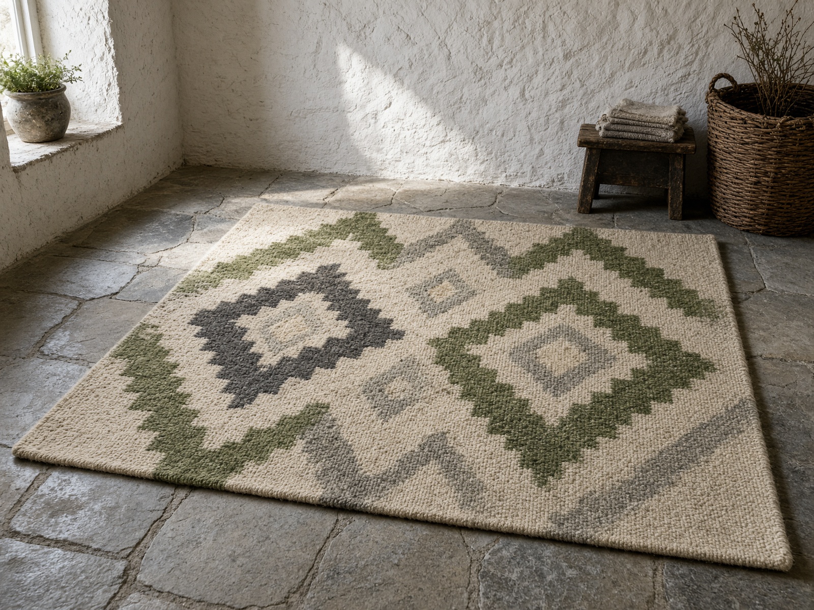 Handwoven wool rug laid out after a deep clean on a stone cottage floor