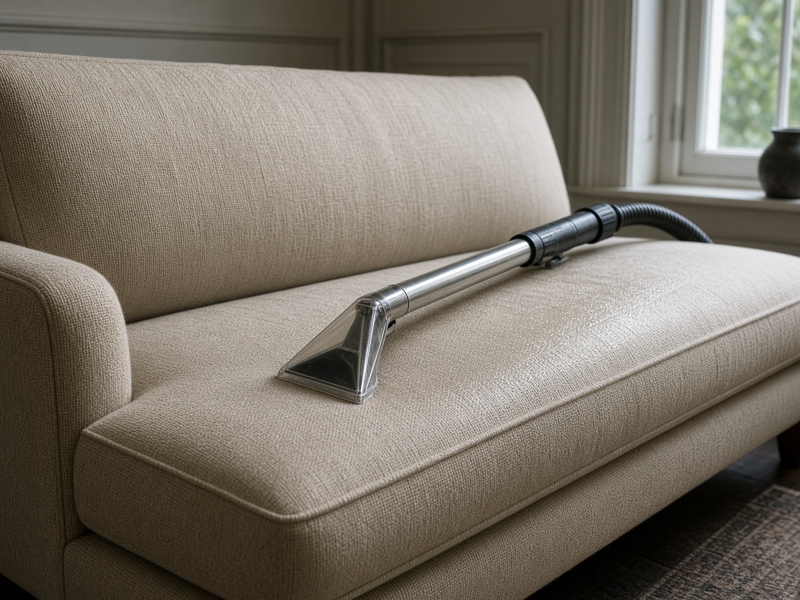 Beige linen sofa being deep-cleaned with a professional extraction wand